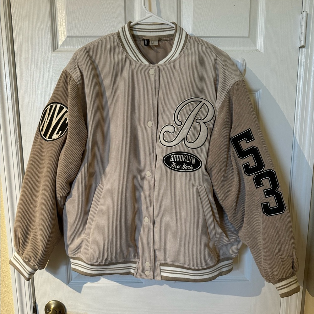 Two Tone Beige Corduroy Varsity Jacket